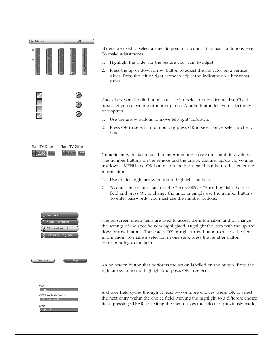 Using the tv’s menu system, Chapter 4 55, Sliders | Choice lists, Numeric entries, On-screen menu items, Action buttons, Choice fields | InFocus 61md10 User Manual | Page 57 / 100