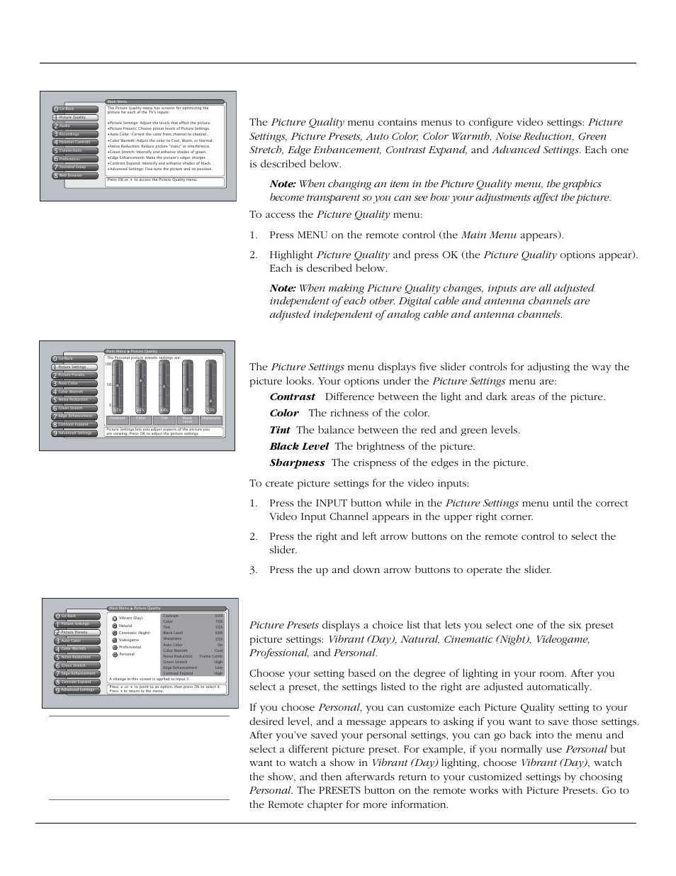 Using the tv’s menu system picture quality menu, Picture settings, Picture presets | 56 chapter 4 | InFocus 61md10 User Manual | Page 58 / 100