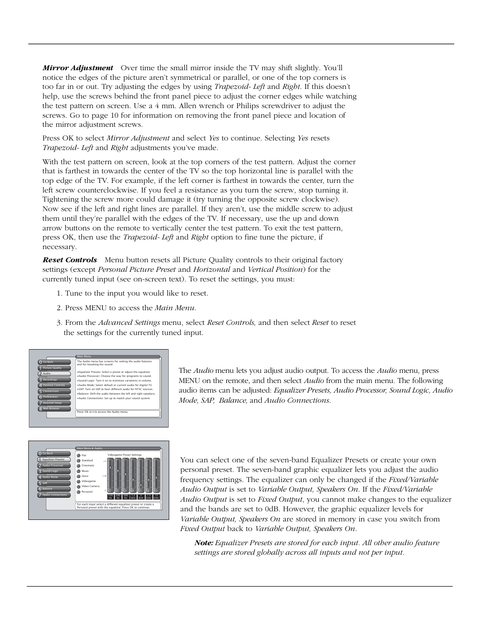 Using the tv’s menu system, Audio menu, Equalizer presets | Chapter 4 59 | InFocus 61md10 User Manual | Page 61 / 100