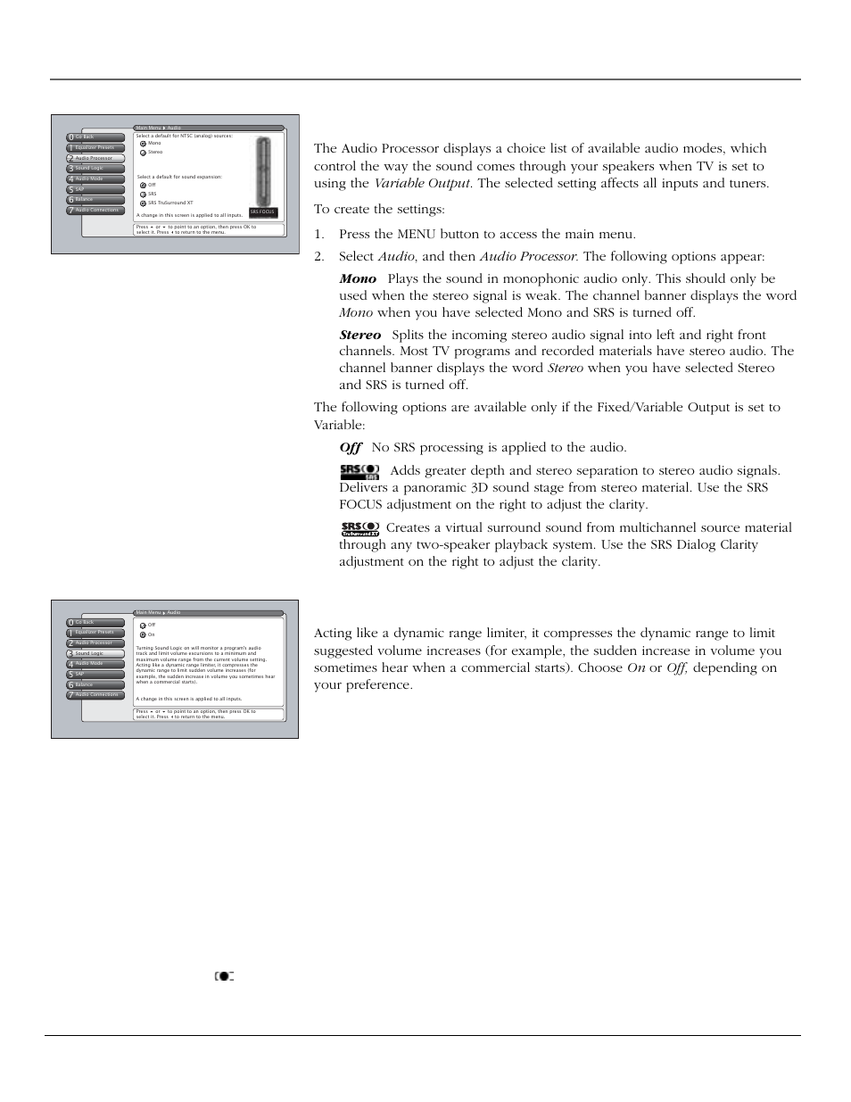 Using the tv’s menu system, Audio processor, Sound logic | 60 chapter 4 | InFocus 61md10 User Manual | Page 62 / 100