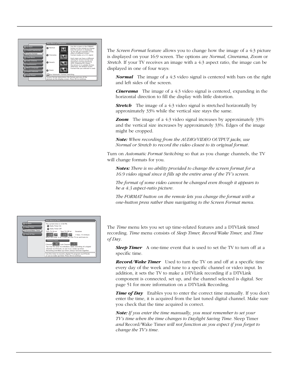 Using the tv’s menu system, Screen format, Time menu | Chapter 4 69 | InFocus 61md10 User Manual | Page 71 / 100