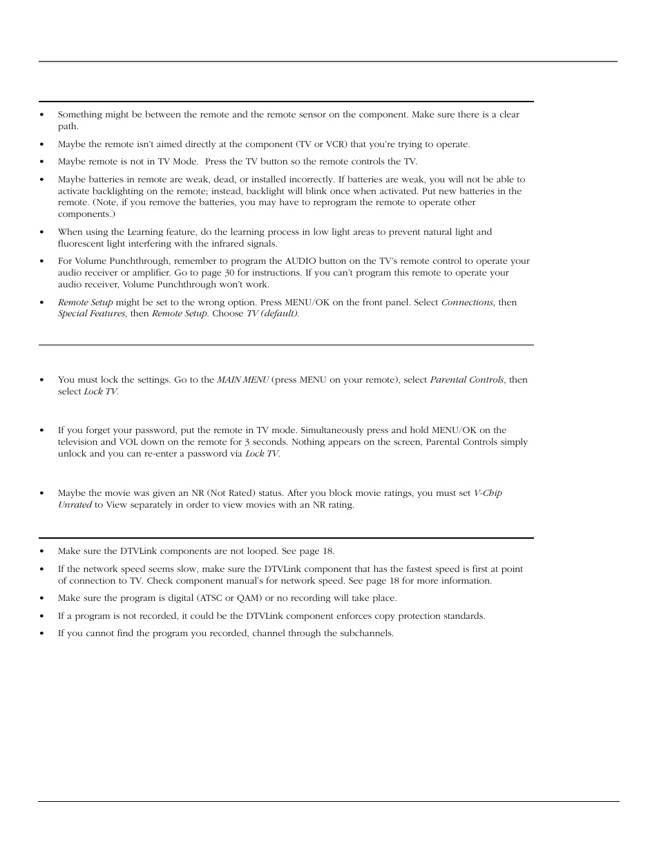 References, The remote control doesn’t work, Problems with v-chip/parental controls | Problems with dtvlink recording/playback | InFocus 61md10 User Manual | Page 77 / 100