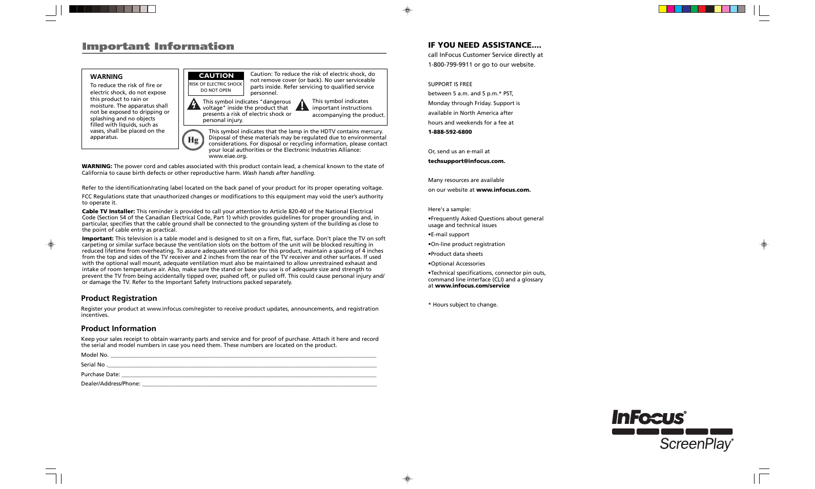 Important information, Product registration, Product information | If you need assistance | InFocus 61md10 User Manual | Page 99 / 100