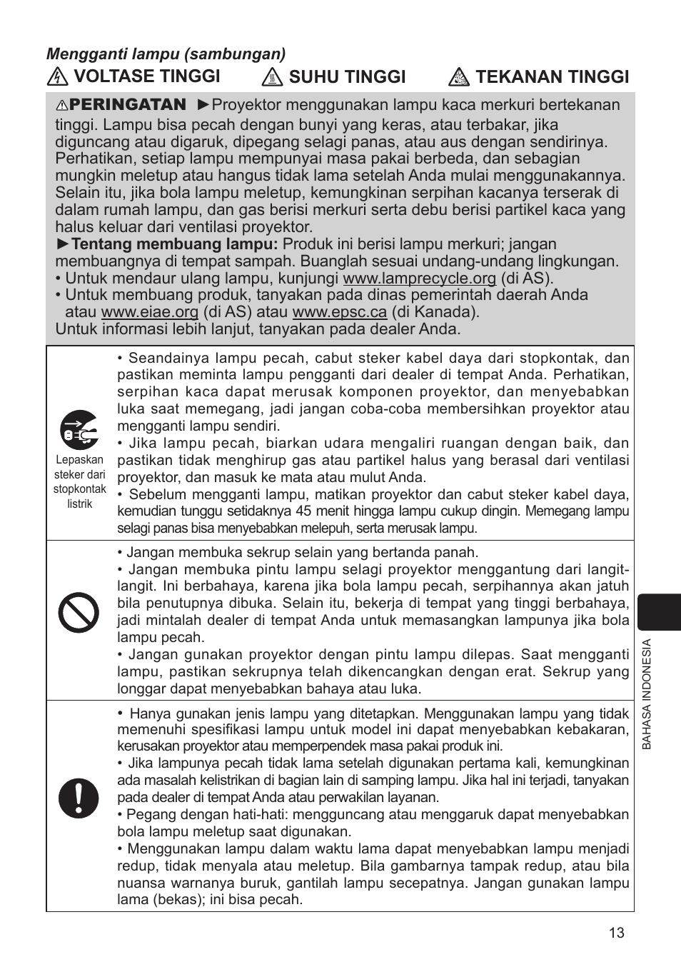 Voltase tinggi suhu tinggi tekanan tinggi | InFocus IN5124 User Manual | Page 17 / 42