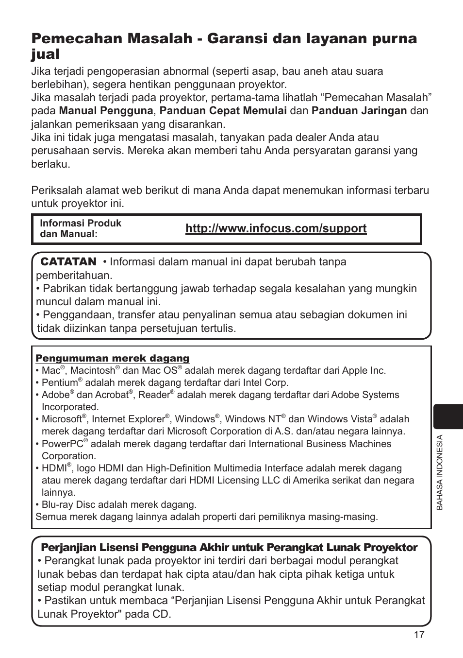 Pemecahan masalah - garansi dan layanan purna jual | InFocus IN5124 User Manual | Page 21 / 42