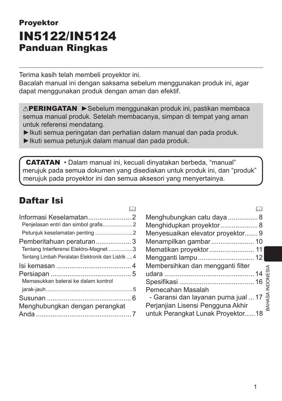 C16_um_con_id, Panduan ringkas, Daftar isi | InFocus IN5124 User Manual | Page 5 / 42