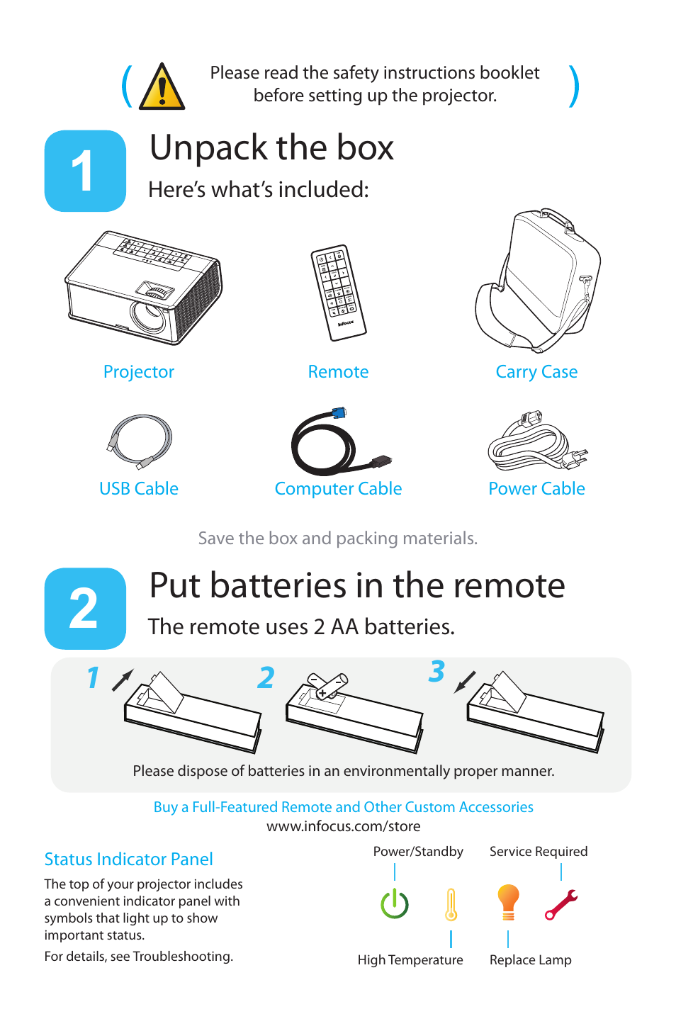 Unpack the box put batteries in the remote | InFocus IN2100 User Manual | Page 2 / 8
