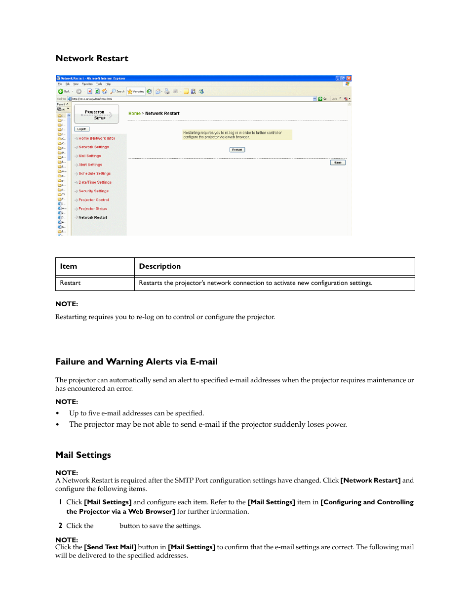 Network restart, Failure and warning alerts via e-mail, Mail settings | InFocus IN5100 User Manual | Page 15 / 18