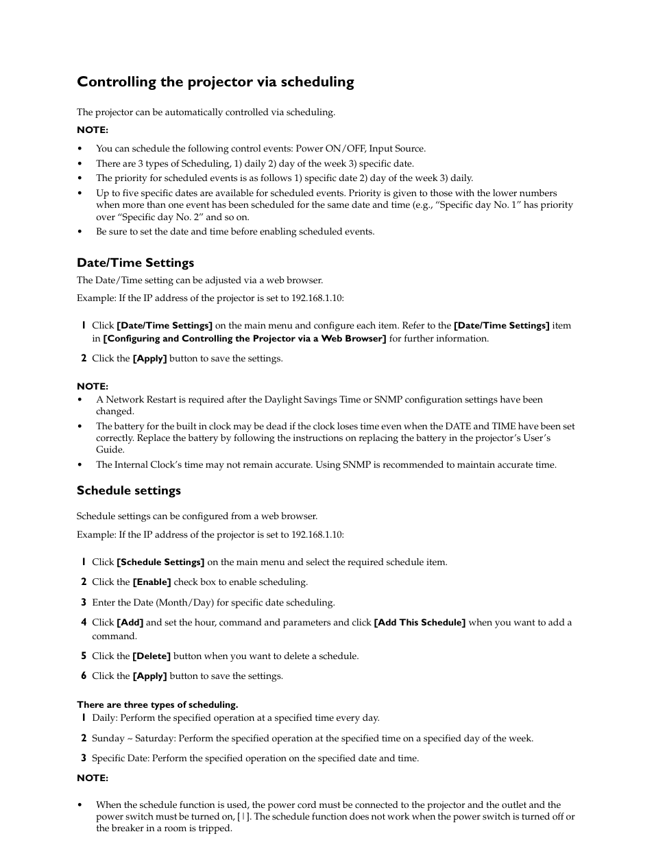 Controlling the projector via scheduling, Date/time settings, Schedule settings | InFocus IN5100 User Manual | Page 18 / 18