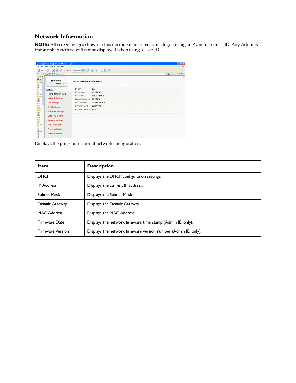 Network information | InFocus IN5100 User Manual | Page 6 / 18