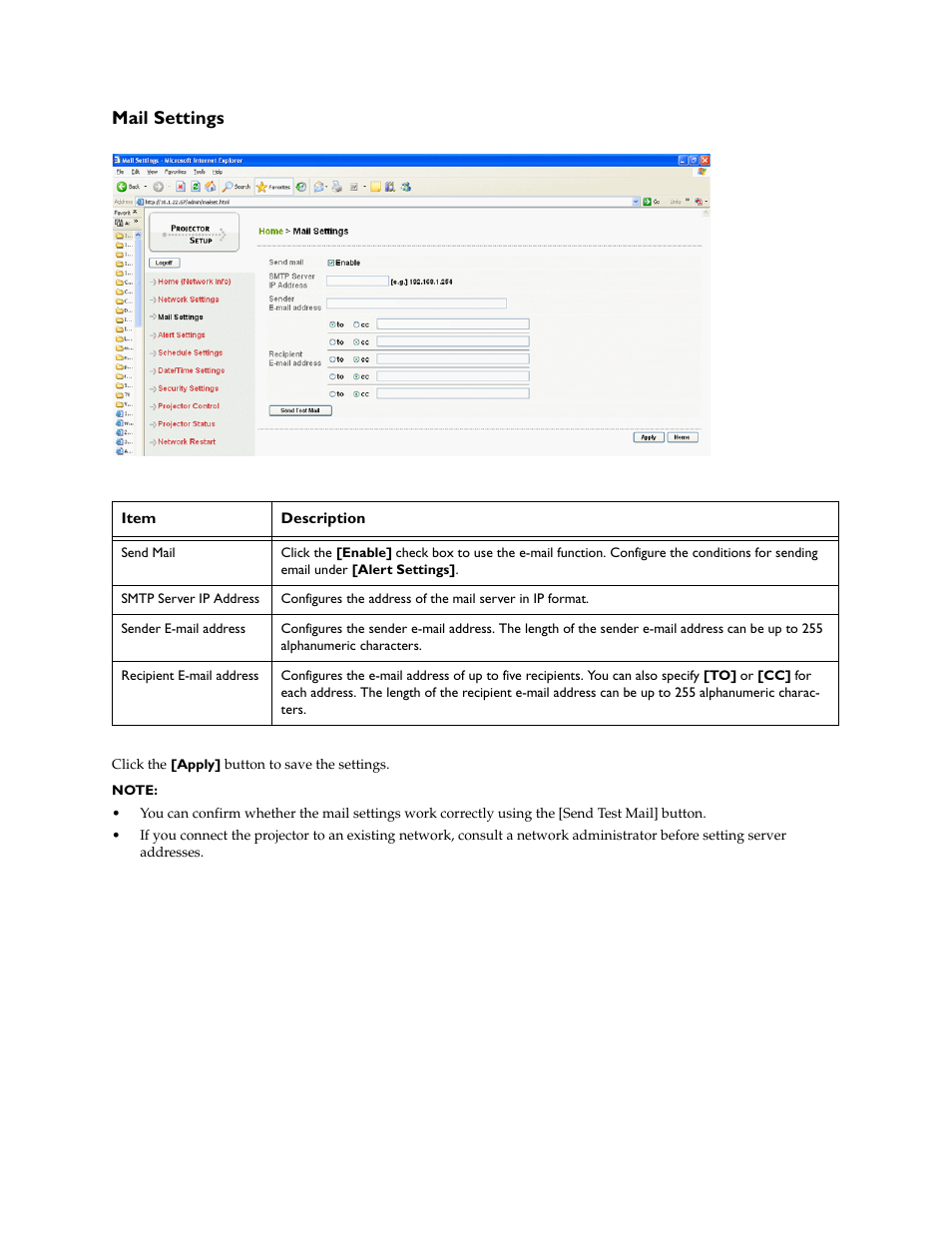 Mail settings | InFocus IN5100 User Manual | Page 8 / 18