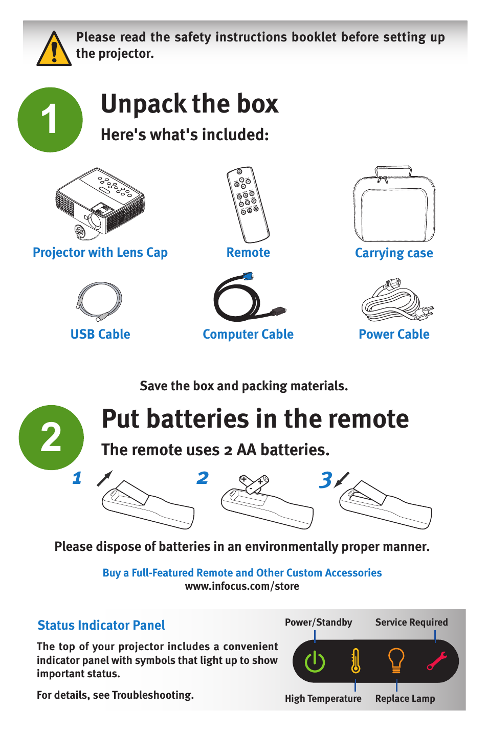 Unpack the box, Put batteries in the remote | InFocus IN1102 User Manual | Page 2 / 8