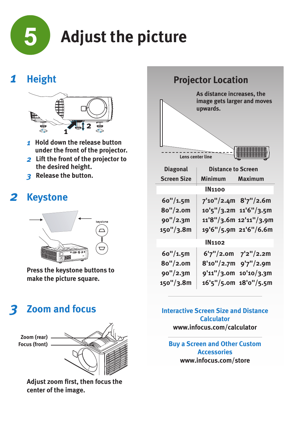 Adjust the picture, Height, Keystone | Zoom and focus, Projector location | InFocus IN1102 User Manual | Page 5 / 8