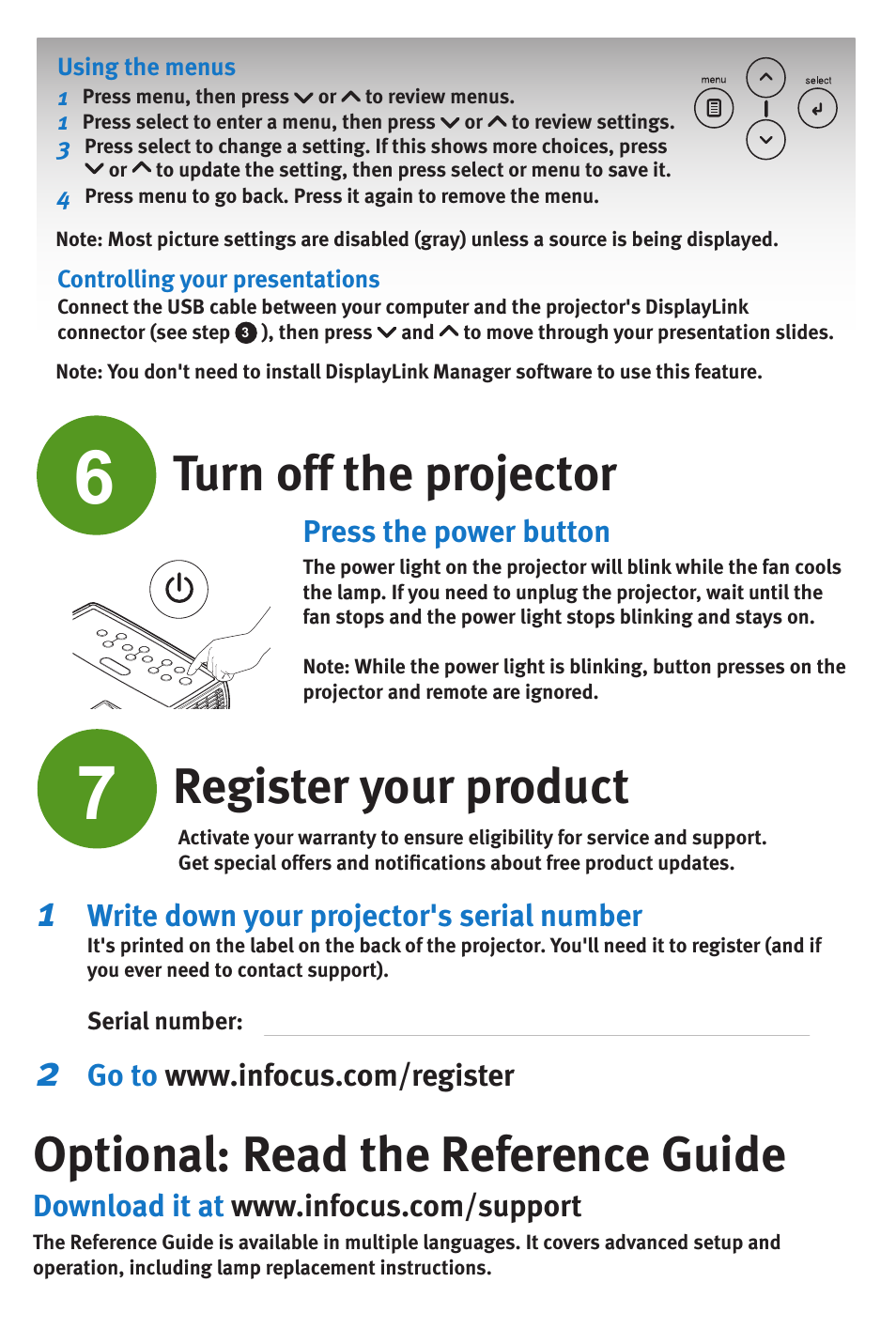 Turn off the projector, Register your product, Optional: read the reference guide | InFocus IN1102 User Manual | Page 6 / 8