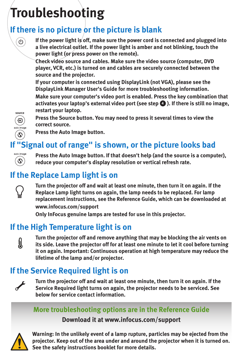 Troubleshooting, If there is no picture or the picture is blank, If the replace lamp light is on | If the high temperature light is on, If the service required light is on | InFocus IN1102 User Manual | Page 7 / 8