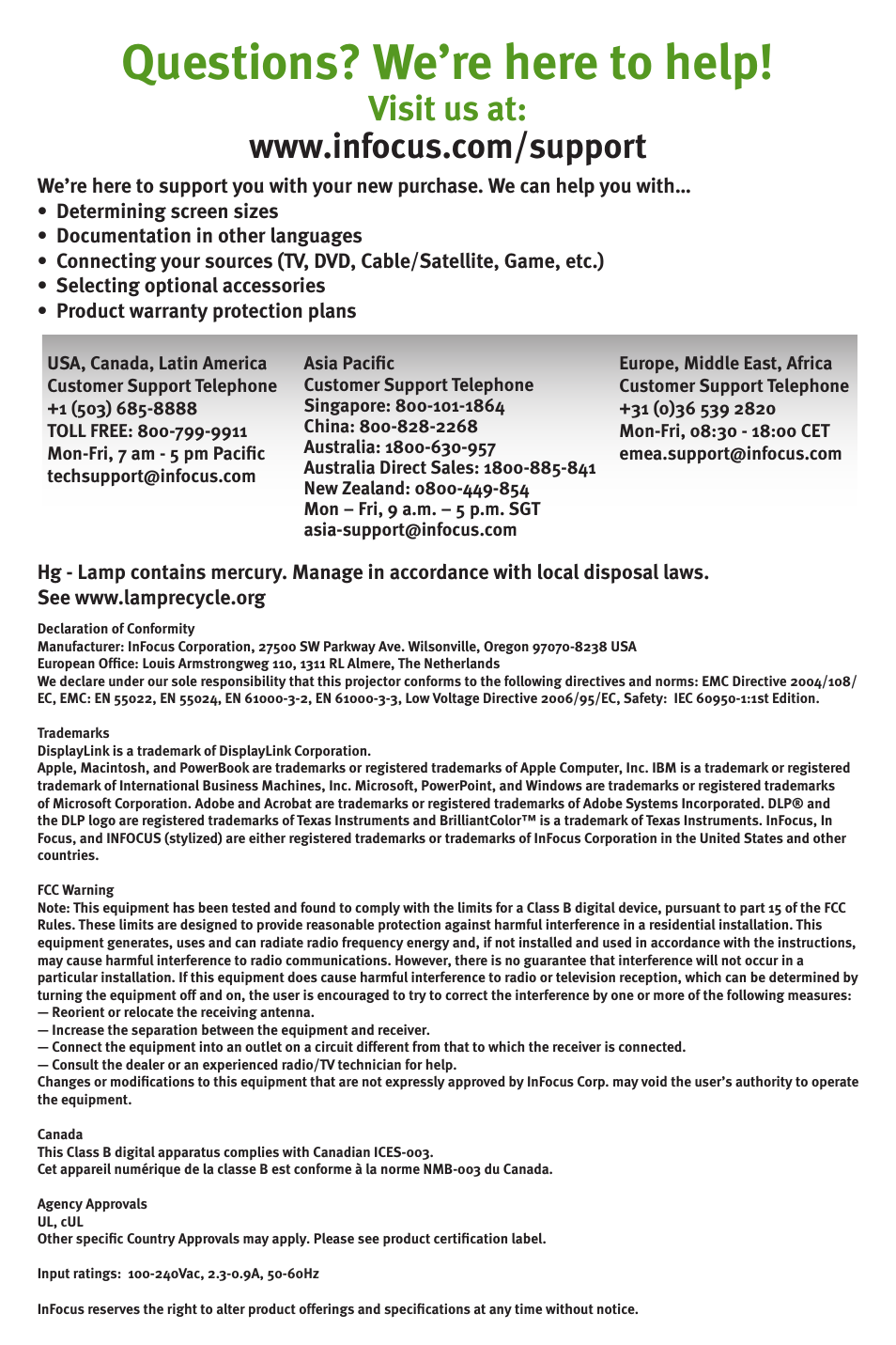 Questions? we’re here to help | InFocus IN1102 User Manual | Page 8 / 8