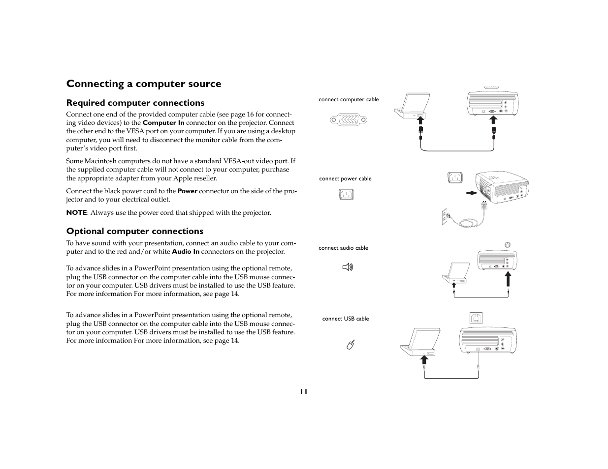 Connecting a computer source, Required computer connections, Optional computer connections | InFocus X1a User Manual | Page 11 / 50