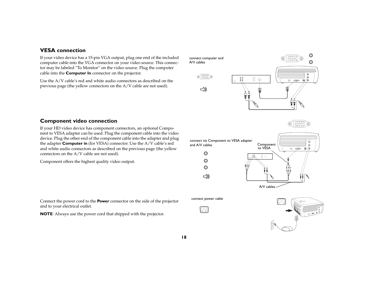 Vesa connection, Component video connection | InFocus X1a User Manual | Page 18 / 50