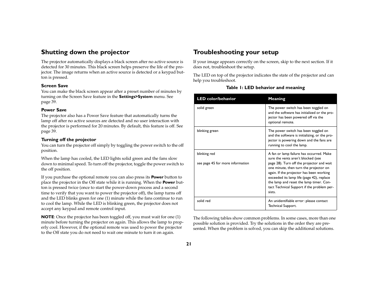 Shutting down the projector, Troubleshooting your setup | InFocus X1a User Manual | Page 21 / 50