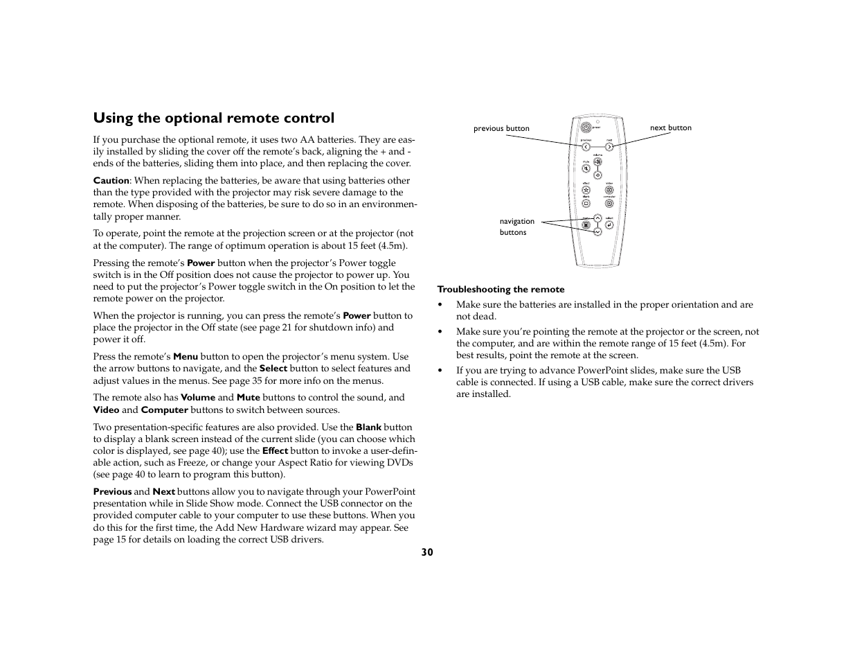 Using the optional remote control | InFocus X1a User Manual | Page 30 / 50