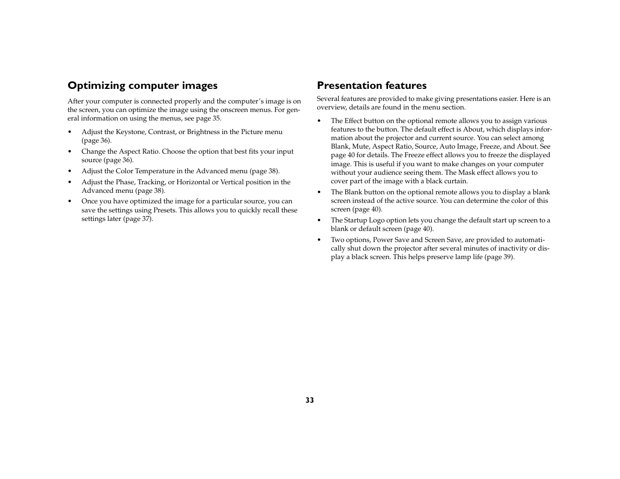 Optimizing computer images, Presentation features | InFocus X1a User Manual | Page 33 / 50
