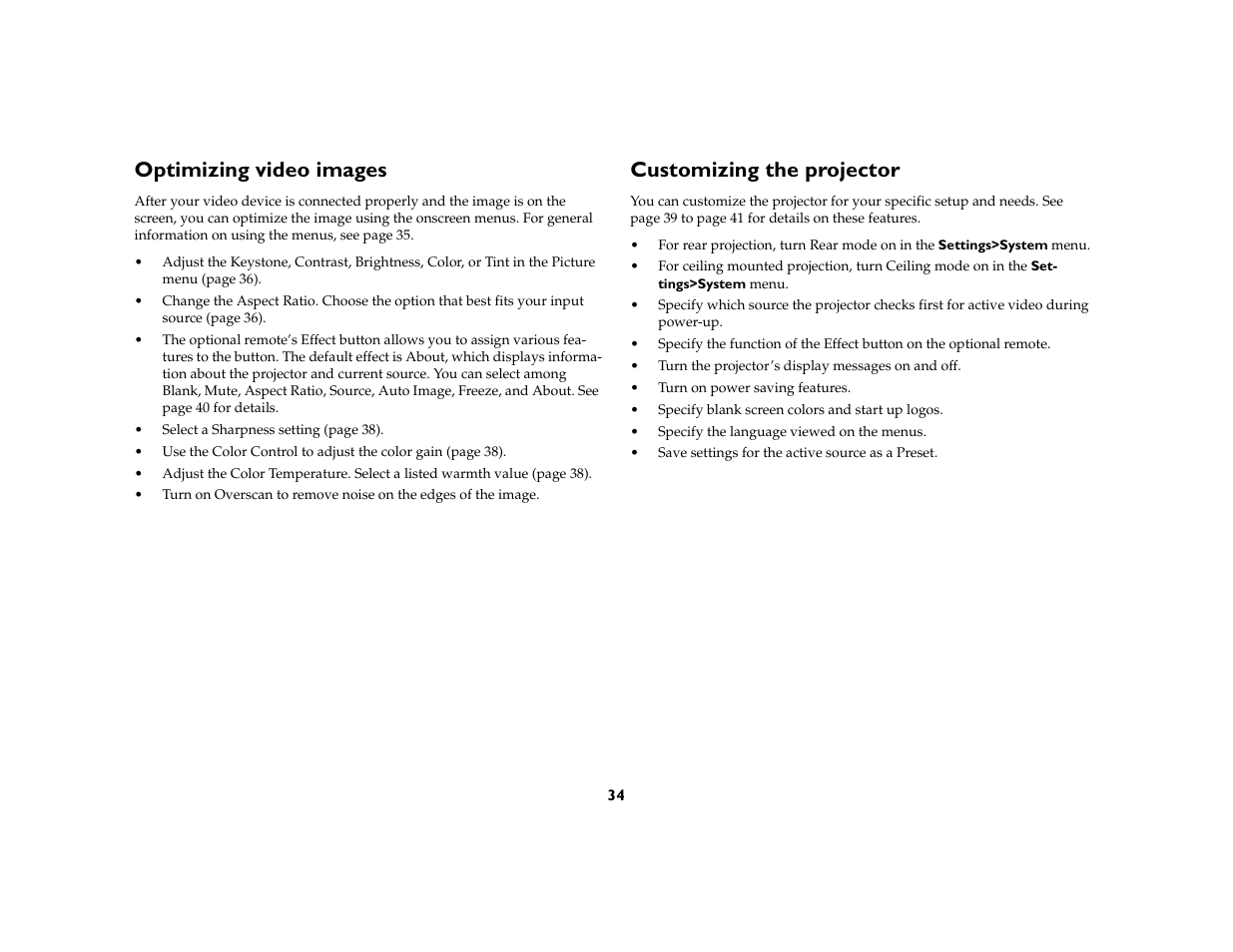 Optimizing video images, Customizing the projector | InFocus X1a User Manual | Page 34 / 50