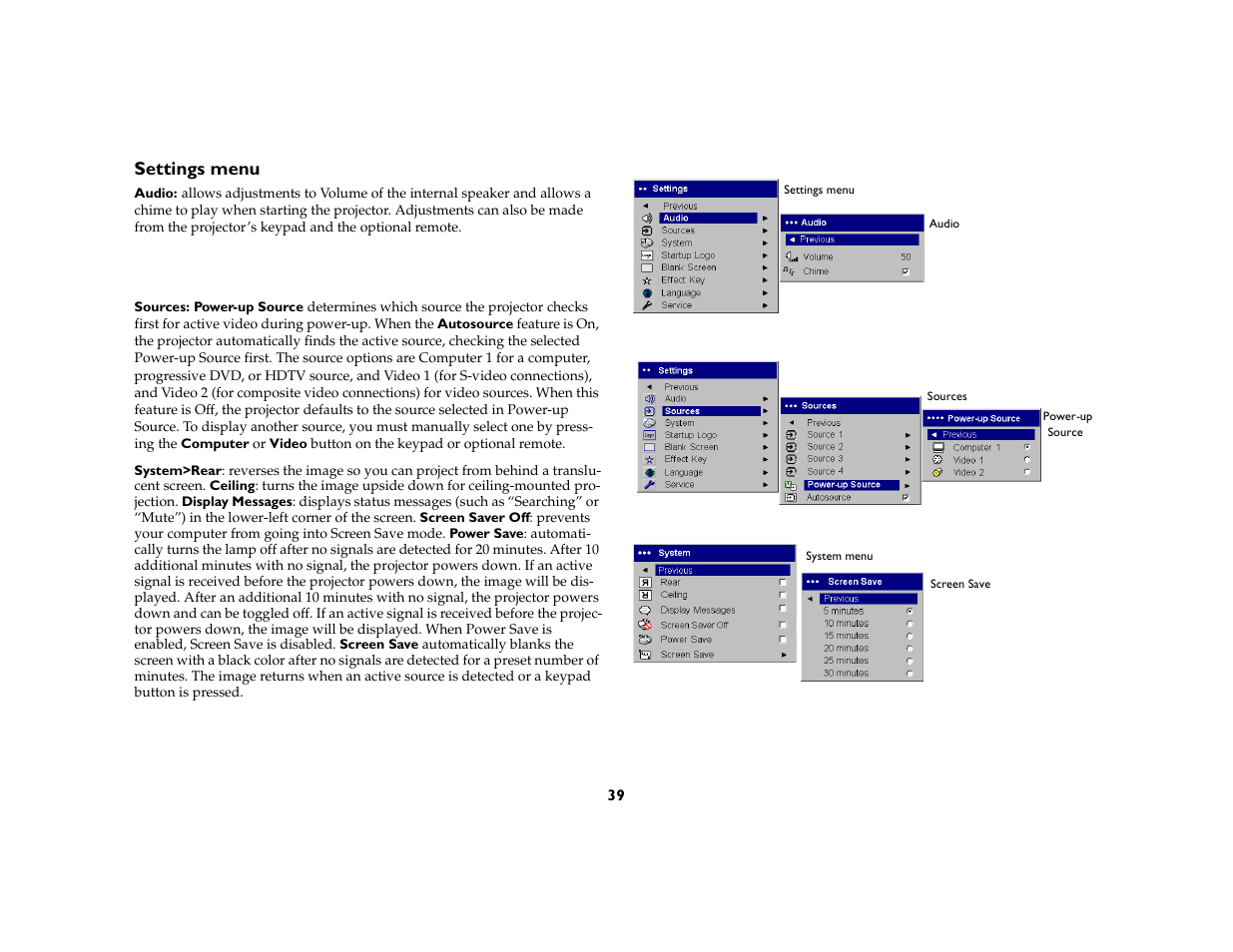 Settings menu | InFocus X1a User Manual | Page 39 / 50