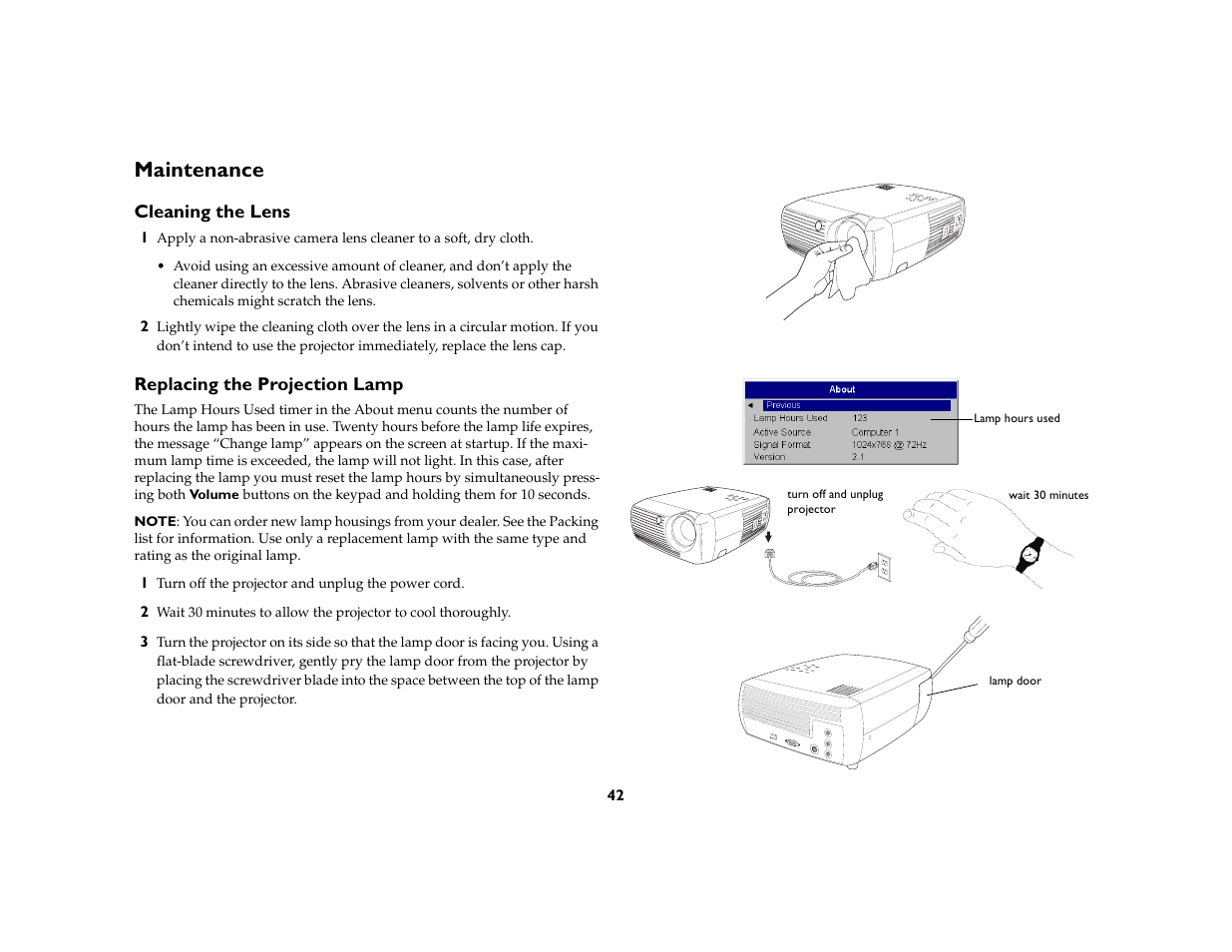 Maintenance, Cleaning the lens, Replacing the projection lamp | InFocus X1a User Manual | Page 42 / 50