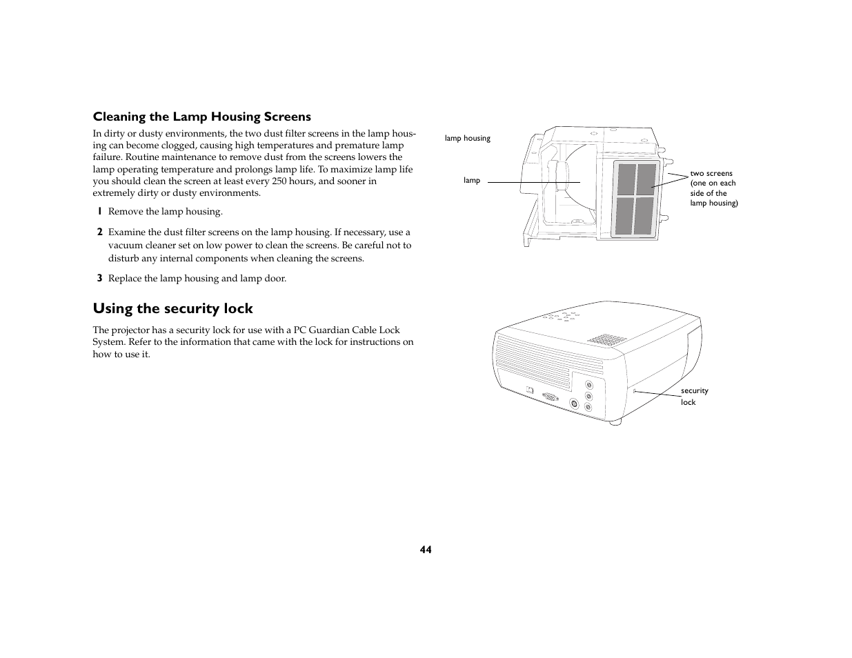Cleaning the lamp housing screens, Using the security lock | InFocus X1a User Manual | Page 44 / 50