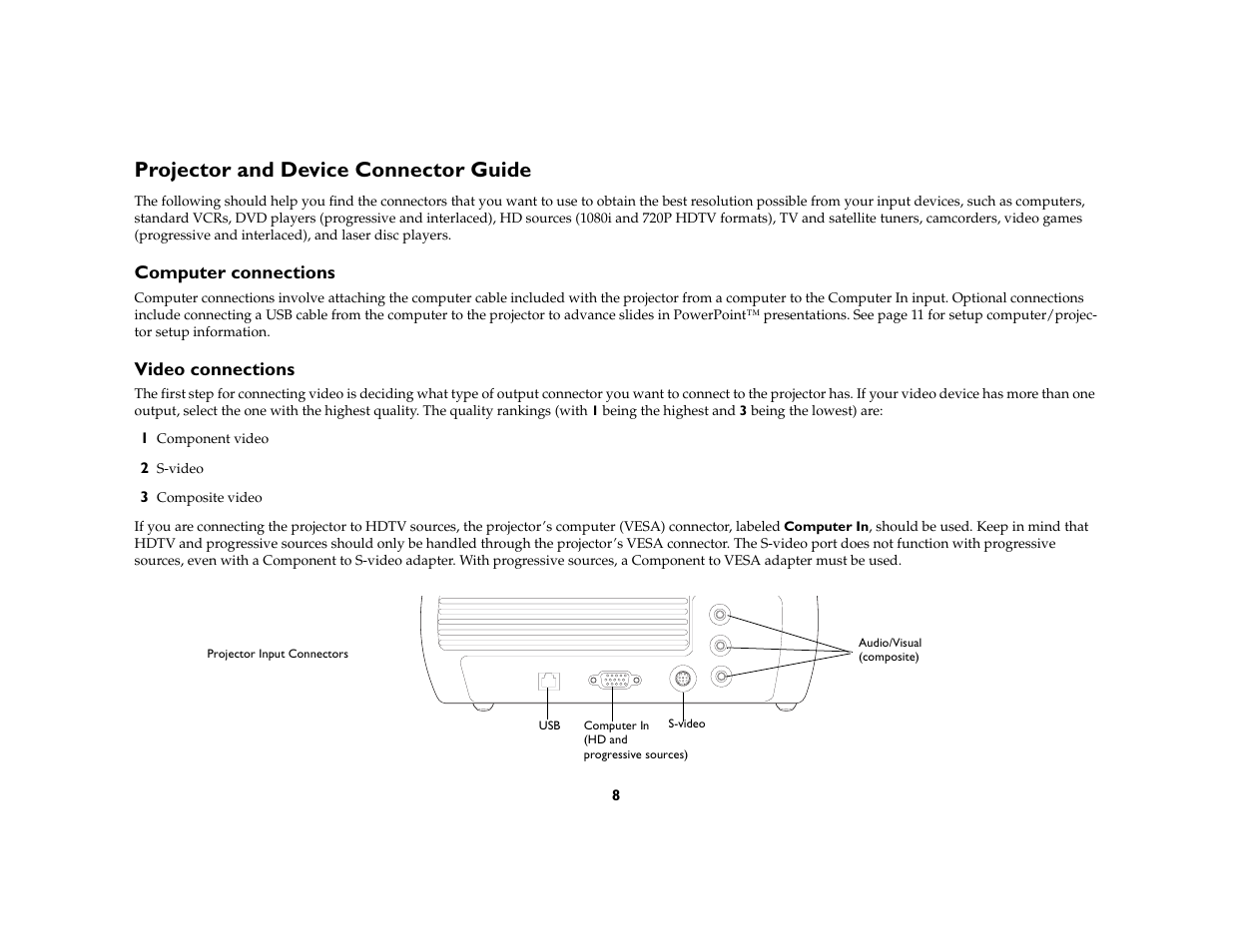 Projector and device connector guide, Computer connections, Video connections | InFocus X1a User Manual | Page 8 / 50
