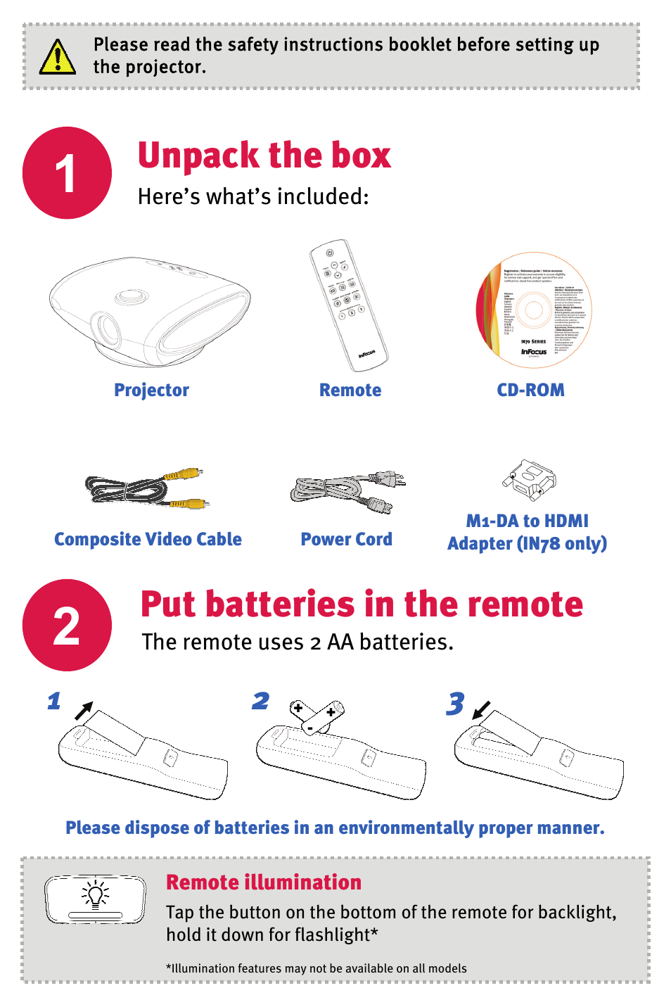 Unpack the box, Put batteries in the remote | InFocus IN70 User Manual | Page 2 / 8