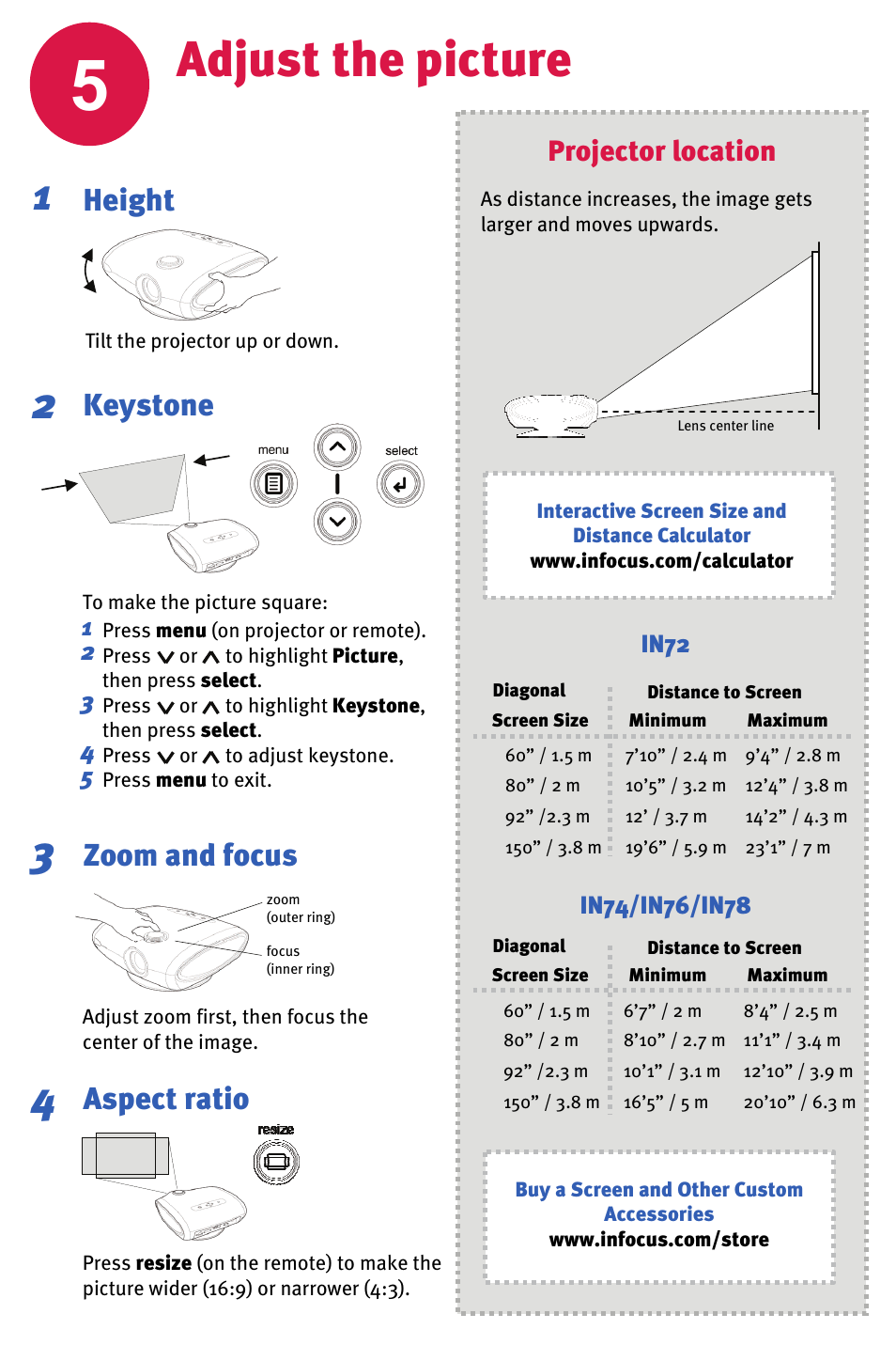 Adjust the picture, Height, Keystone | Zoom and focus, Aspect ratio, Projector location | InFocus IN70 User Manual | Page 5 / 8