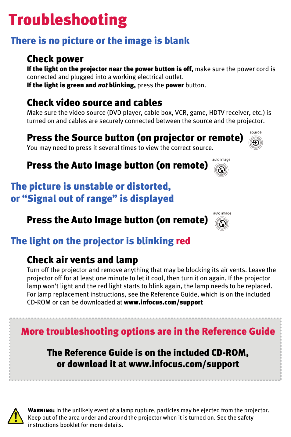 Troubleshooting, Press the source button (on projector or remote), Check video source and cables | The light on the projector is blinking red | InFocus IN70 User Manual | Page 7 / 8