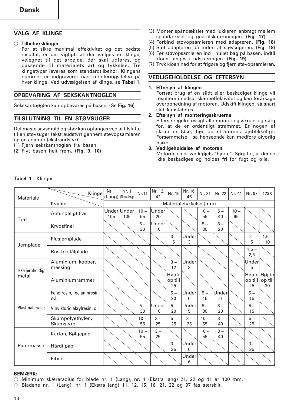 Dansk, Valg af klinge, Opbevaring af sekskantnøglen | Tilslutning til en støvsuger, Vedligeholdelse og eftersyn | InFocus CJ120VA User Manual | Page 14 / 34