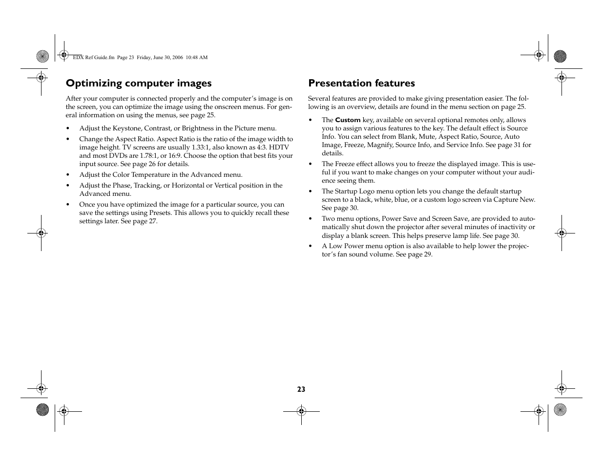Optimizing computer images, Presentation features | InFocus IN42ff User Manual | Page 24 / 49