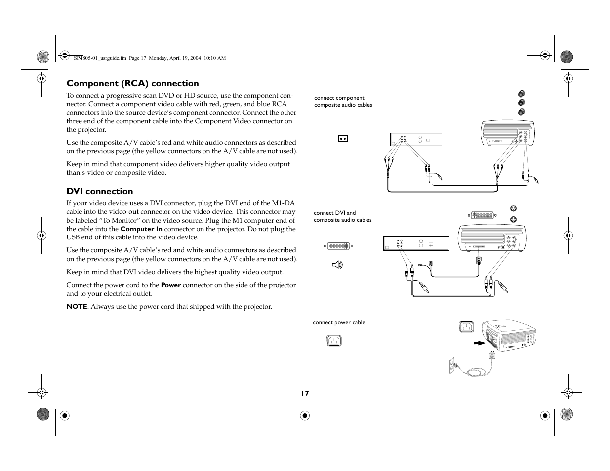 Component (rca) connection, Dvi connection | InFocus 4805 User Manual | Page 18 / 50
