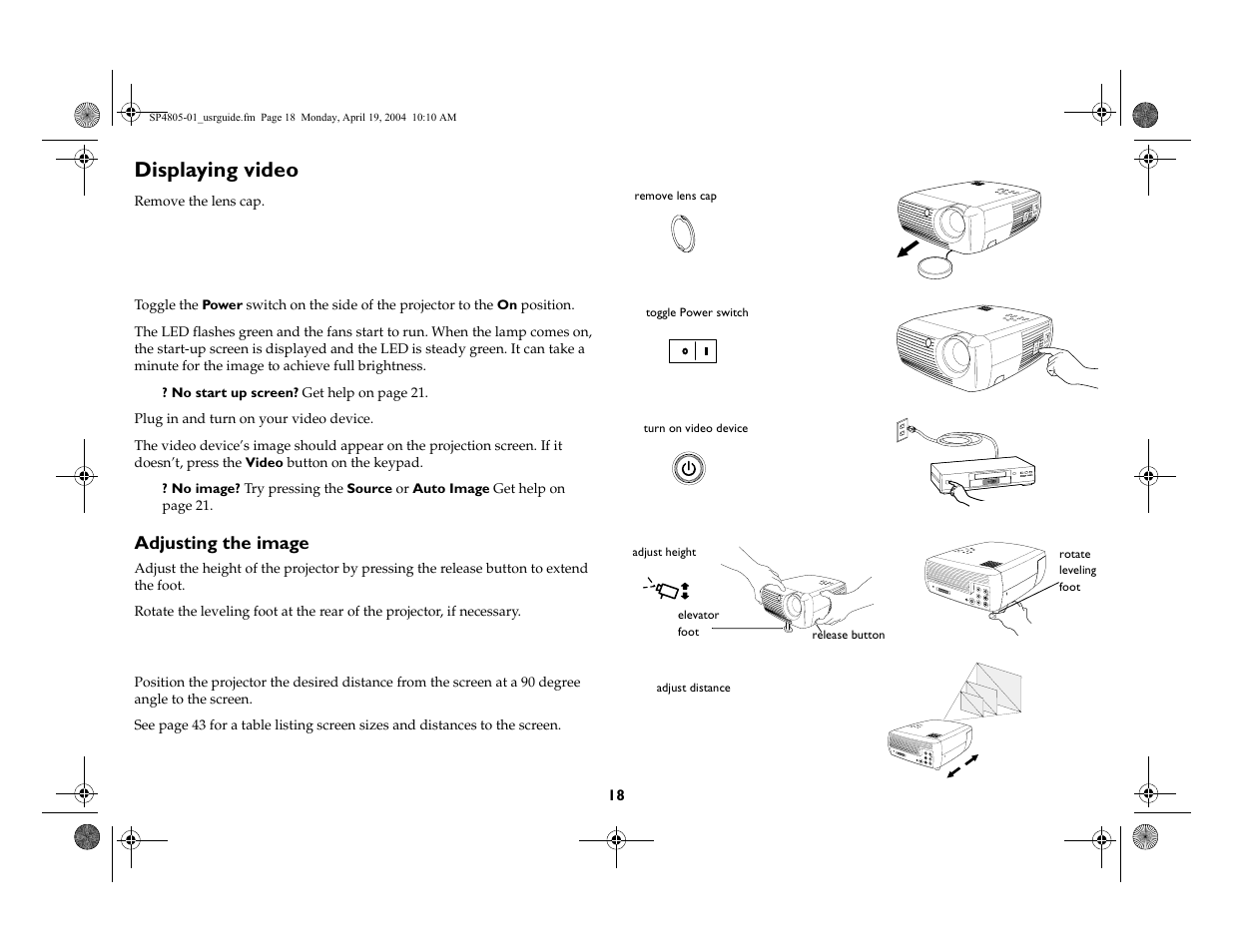 Displaying video, Adjusting the image | InFocus 4805 User Manual | Page 19 / 50