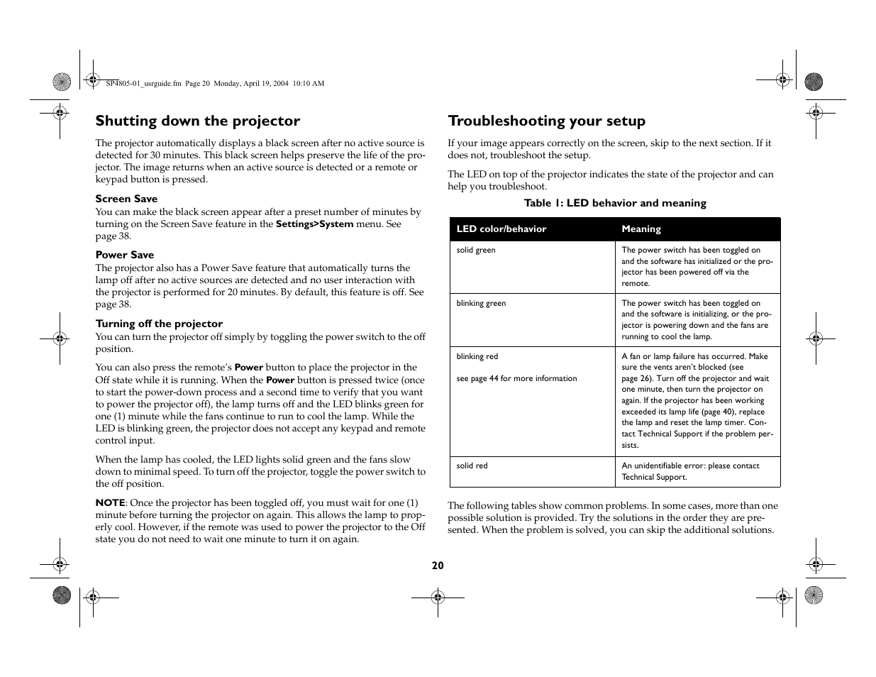 Shutting down the projector, Troubleshooting your setup | InFocus 4805 User Manual | Page 21 / 50