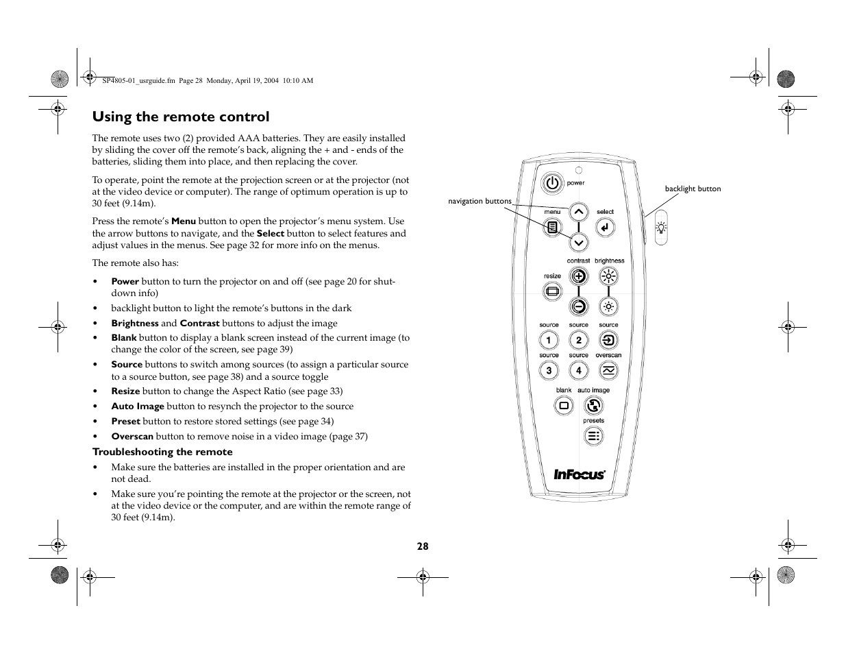 Using the remote control | InFocus 4805 User Manual | Page 29 / 50