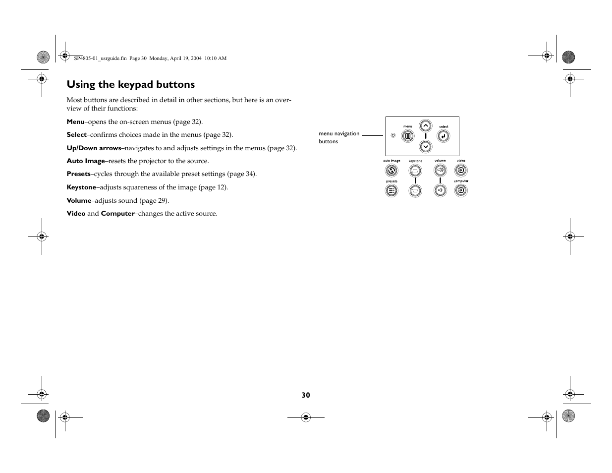 Using the keypad buttons | InFocus 4805 User Manual | Page 31 / 50