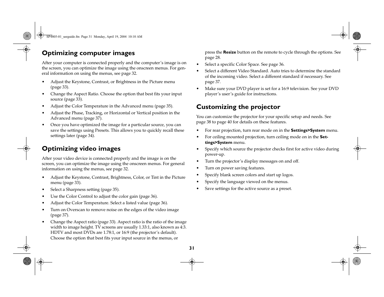 Optimizing computer images, Optimizing video images, Customizing the projector | InFocus 4805 User Manual | Page 32 / 50