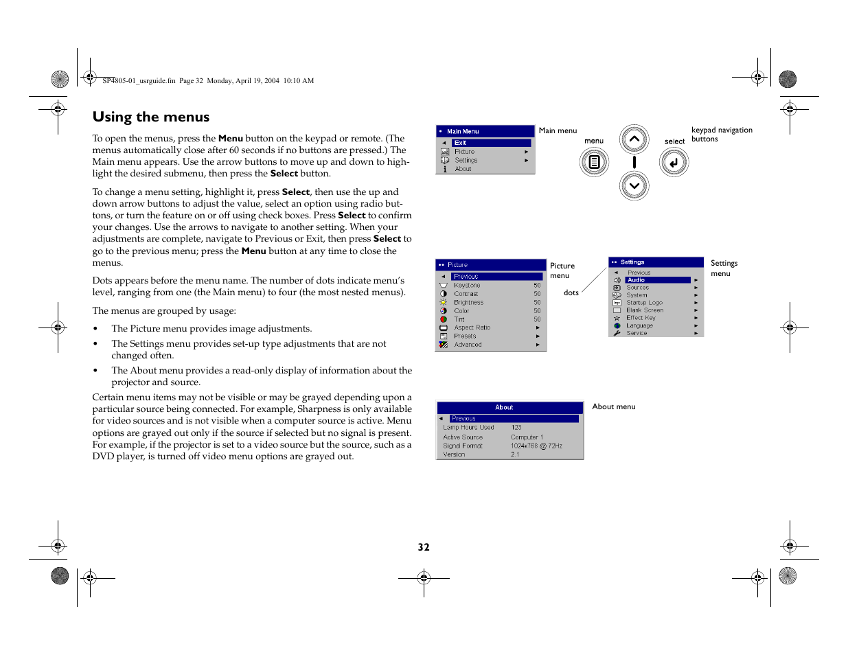 Using the menus | InFocus 4805 User Manual | Page 33 / 50