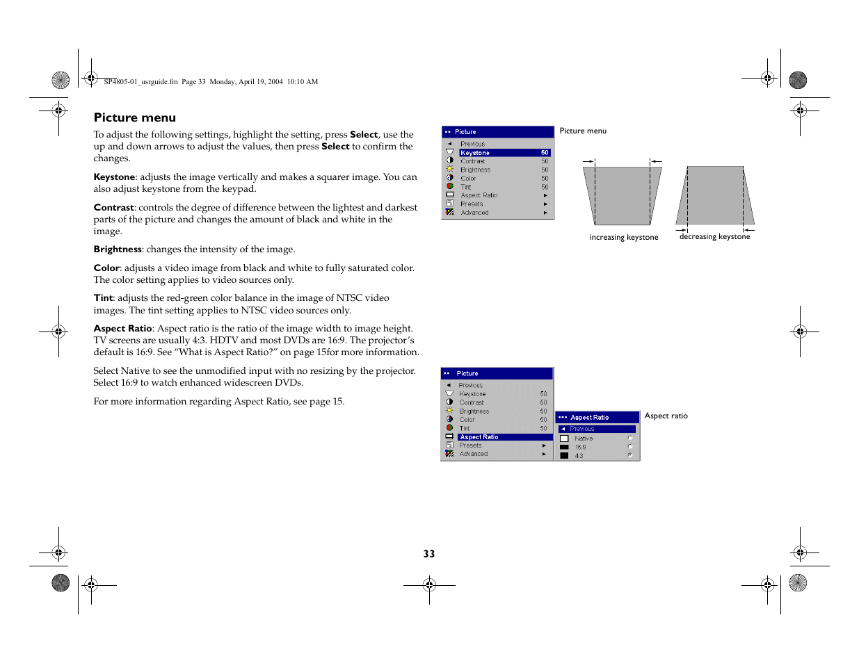 Picture menu | InFocus 4805 User Manual | Page 34 / 50