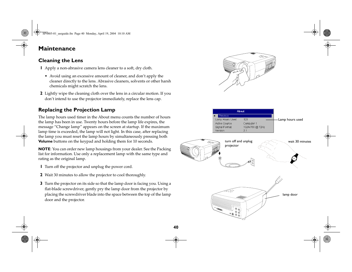Maintenance, Cleaning the lens, Replacing the projection lamp | Maintenance 40 | InFocus 4805 User Manual | Page 41 / 50