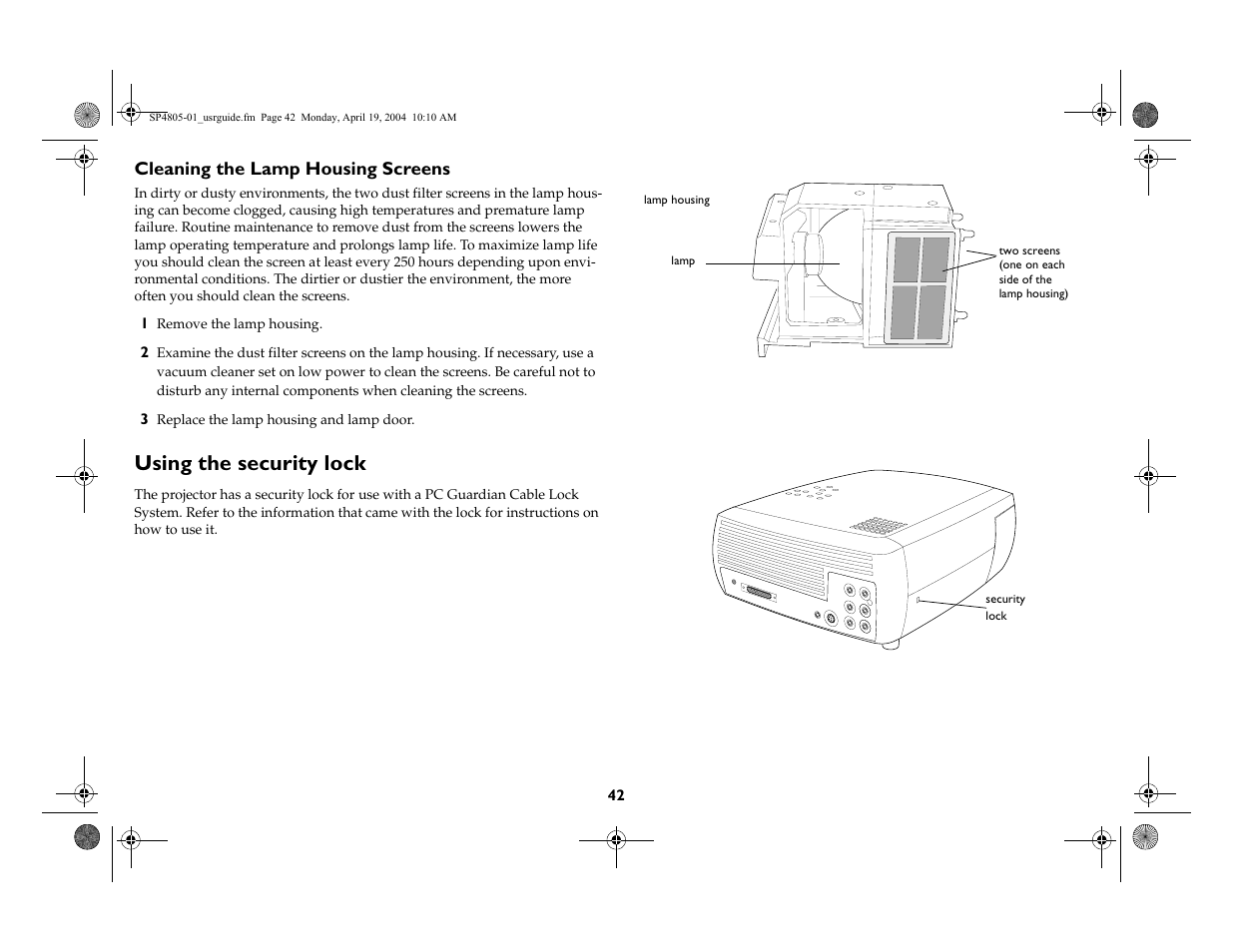 Cleaning the lamp housing screens, Using the security lock | InFocus 4805 User Manual | Page 43 / 50