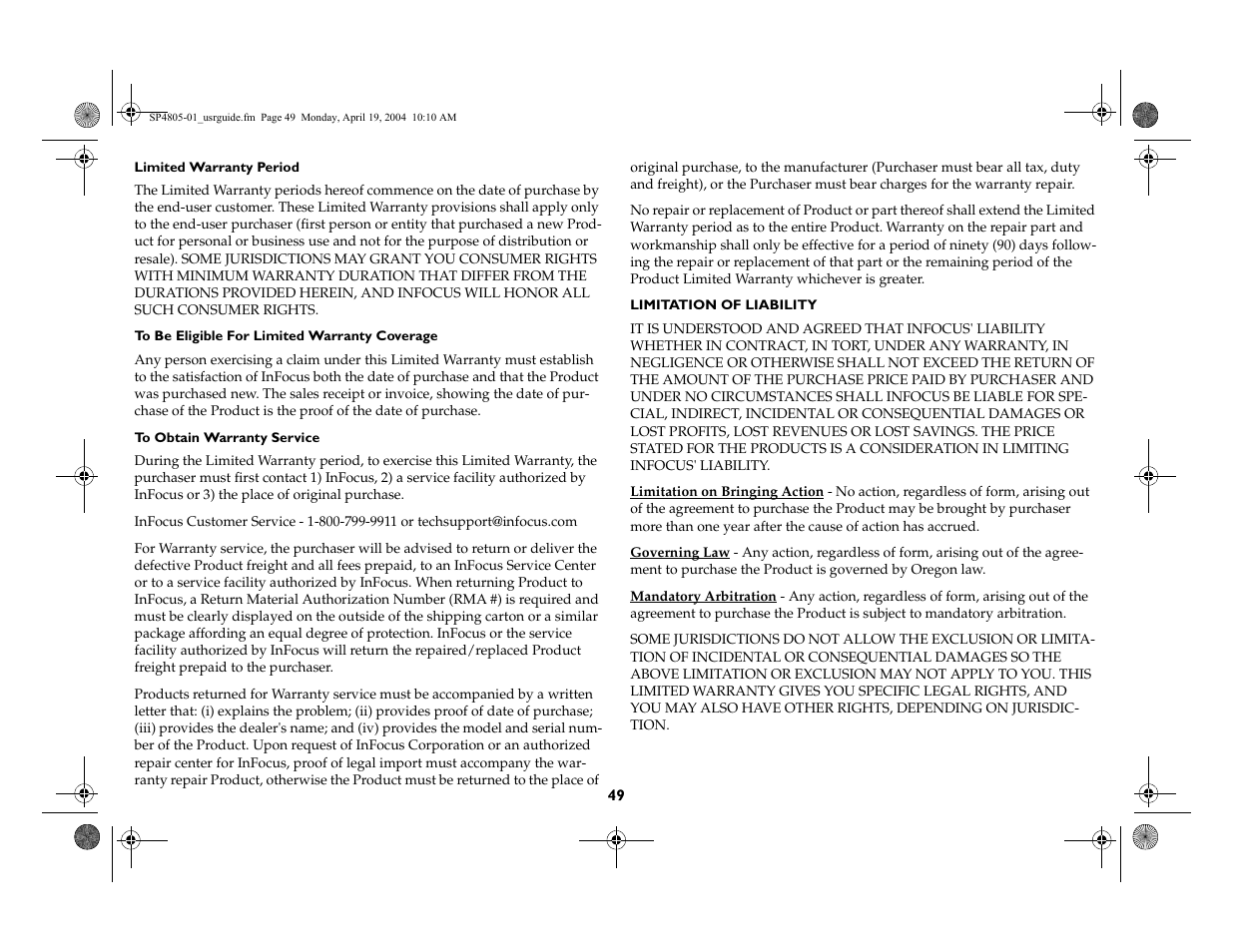 InFocus 4805 User Manual | Page 50 / 50