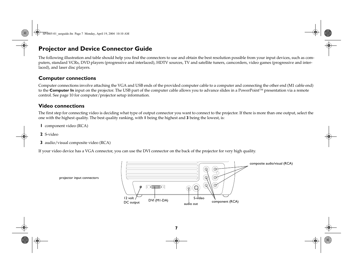 Projector and device connector guide, Computer connections, Video connections | InFocus 4805 User Manual | Page 8 / 50