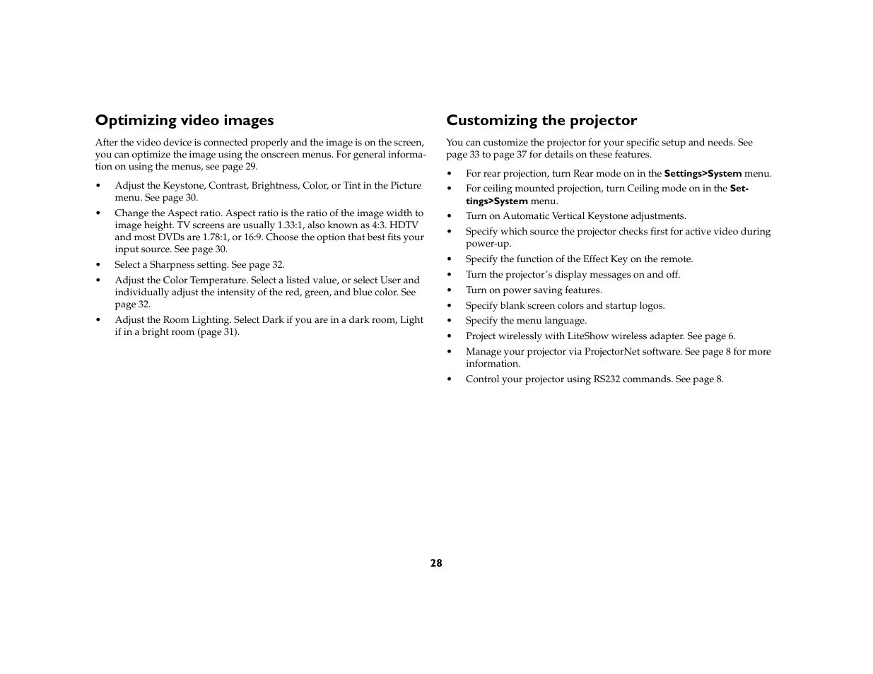 Optimizing video images, Customizing the projector | InFocus C160 User Manual | Page 30 / 52