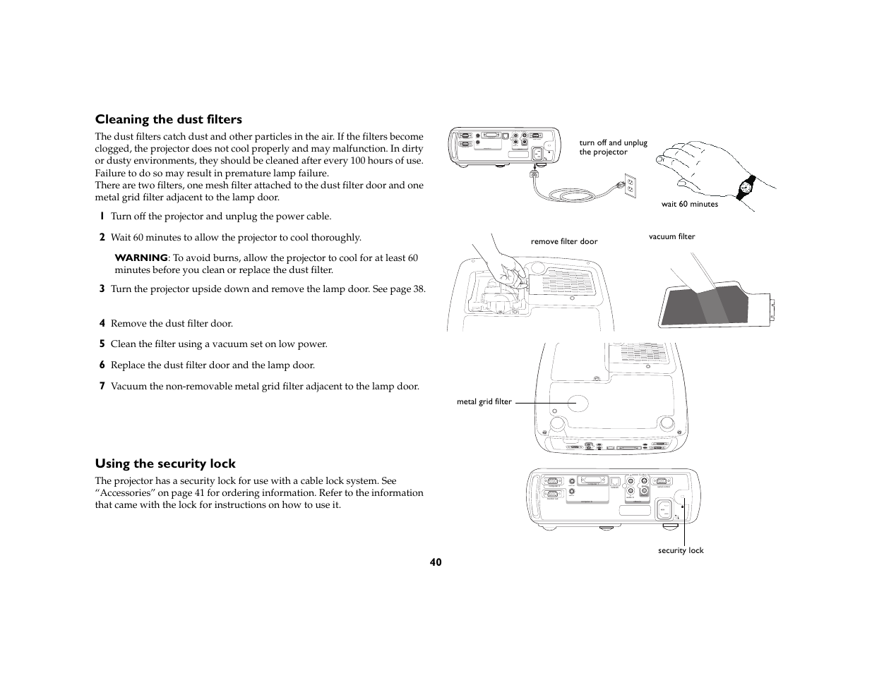 Cleaning the dust filters, Using the security lock, Audio out audio in | InFocus C160 User Manual | Page 42 / 52