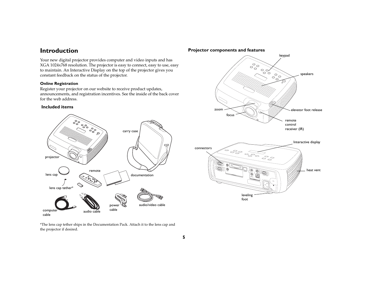 Introduction, Audio ou t audio in, Included items | Projector components and features | InFocus C160 User Manual | Page 7 / 52